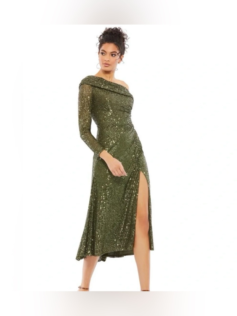 Mac Duggal Off-Shoulder Olive Sequin Midi Dress with Side Slit